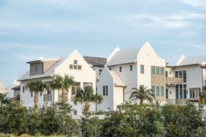 Beautiful white houses with a tropical setting in Alys Beach, Florida.